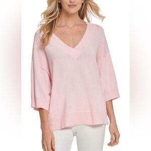 DKNY V-Neck 3/4 Sleeve Knit Pink Sweater Sheer Back Women’s Size XL